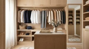 Vestidor femenino organizado con prendas básicas y ropa ordenada por colores