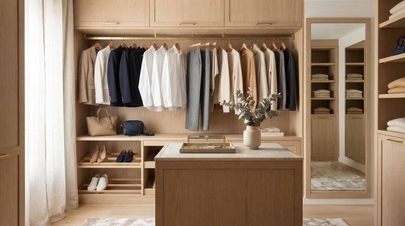 Vestidor femenino organizado con prendas básicas y ropa ordenada por colores